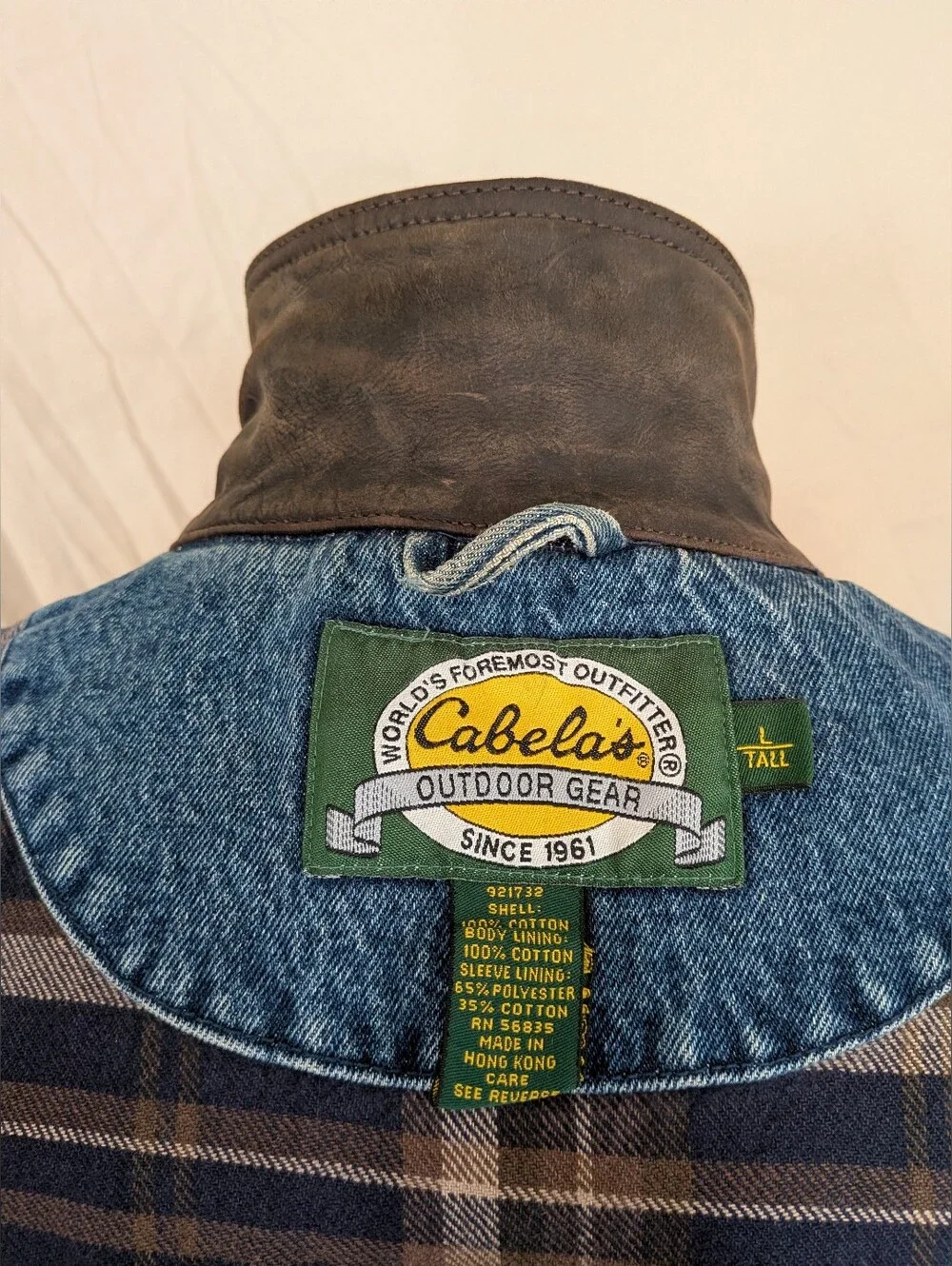 Cabela's Light Blue Denim Jacket with Leather Collar and Flannel Lining
